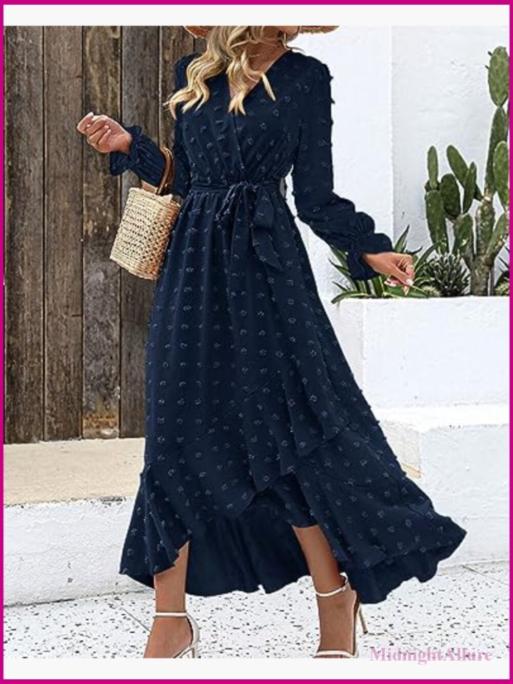Long Sleeve Maxi Dress Swiss Dot Boho Flowy A-Line Wrap V-Neck - Picture 2 of 7